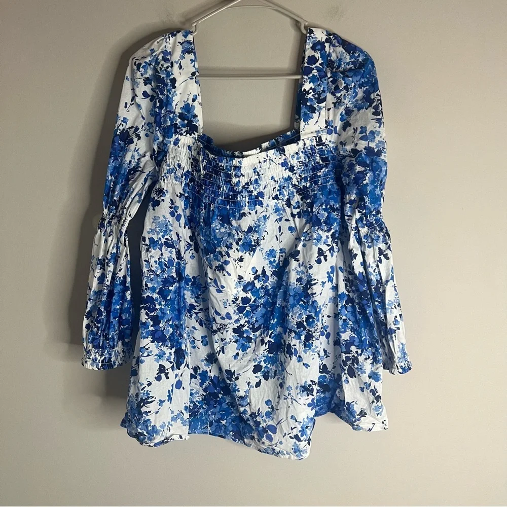 Tuckernuck Blue and White Floral Smocked Square-Neck Blouse